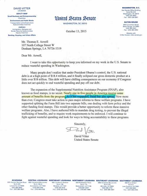 VITTER FRANKING LETTER