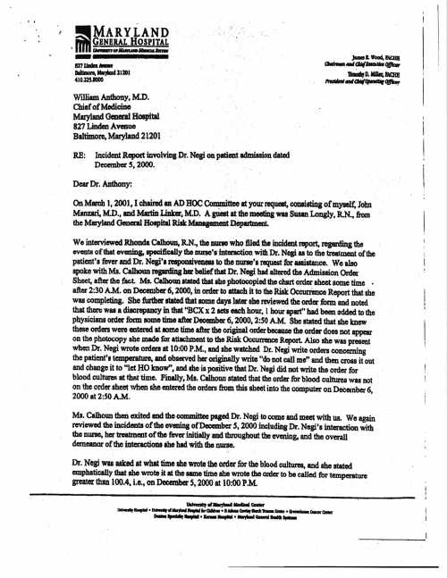 MARYLAND HOSPITAL LETTER